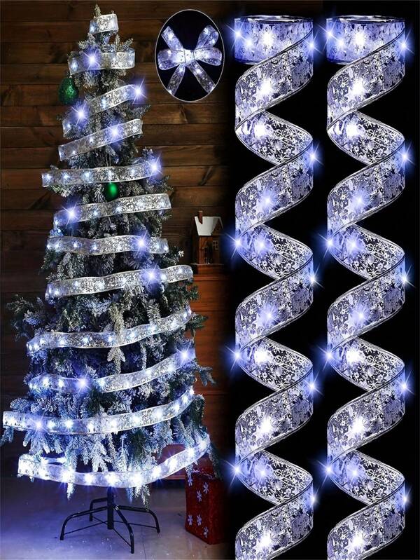1PC Christmas Ribbon Fairy Light, Christmas Light, Christmas Ribbon Wreath, Suitable For Christmas Tree, Christmas Wreath, Christmas Tree Decorations, Indoor Party Decor, Battery Not Included