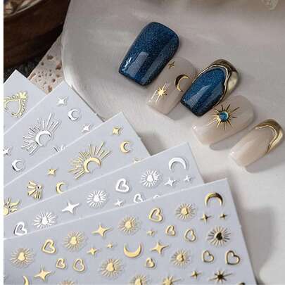 6 hojas de pegatinas de arte de uñas con tema bohemio con estrellas, lunas, patrones y formas de corazón, suministros para uñas