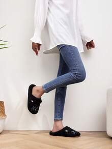 1 Pair Cartoon Cat Embroidery Slippers, Lightweight Quiet Indoor Slip-On House Slippers, Suitable For Couple - Black - View 6