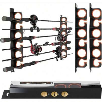 Fishing Rod Holder For Garage, Wall Or Ceiling Mounted Fishing Rod Rack Storage Organizer, Fishing Pole Holder Holds 6 Rods Or Combos In Less Than 18 Inches