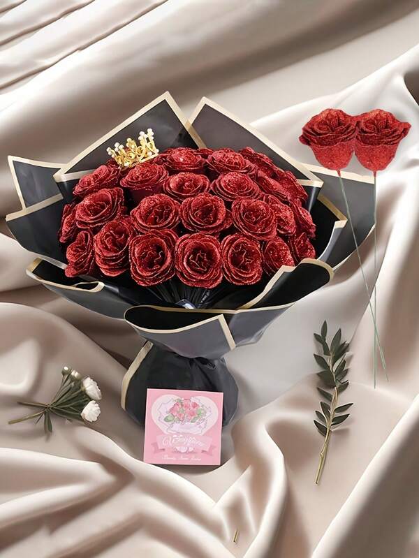 1/6 Stück 0,9ft Glitzer Rosen Strauß, DIY Blumenstrauß, künstliche Rosenblumen, für Jahrestag, Verlobung, Hochzeitsgeschenk, Heim-Dekoration, Büro-Küchen-Dekoration, Party-Dekoration, Raum-Dekoration, Valentinstag Dekoration, Party- und Feiertags-Dekoration, Herbst-Dekoration, Halloween-Dekoration, Weihnachts-Dekoration, Boho-Stil, Thanksgiving Dekoration