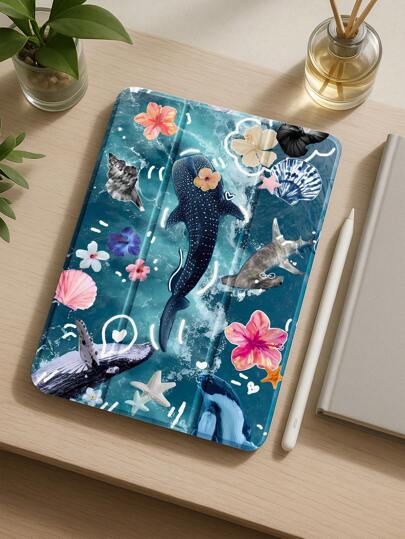 Beautiful Shark Shell Flower Puzzle Style Pattern Transparent Silicone Shock-Absorbing Stand With Pen Slot, Suitable For Galaxy Tab A8 10.5, S6 Lite 10.4, S7/S8/S9Inch. It Supports Sleep Awakening As A Holiday Gift