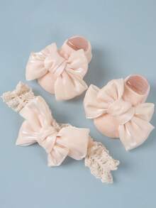 طقم جوارب وشريط رأس للأطفال 3 قطع، إكسسوارات شريط رأس للرضع والأطفال الحديثي الولادة بنمط كوري كرتوني