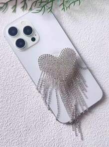 1pc New Creative Tassel Heart Nail Adhesive Universal Phone Holder, Crystal Telescopic Air Cushion Phone Stand, U Shape Finger Ring Grip, Elegant High-End Rhinestone Tassel Stand For Women Compatible With IPhone, Android Phone, Gift For Birthday, Family, Friends Phone Accessories