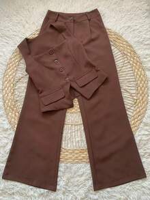 Conjunto Social Calça Pantalona Cintura alta bolsos Alfaiataria Colete Botões  Simples    elegante  Casual    Bolso  Zíper - Café - Visão 1