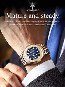 POEDAGAR 1pc Luxury Men's Stainless Steel Date Quartz Watch, Business Waterproof Luminous Hands Square Watches For Men, Man Wristwatch With Box Suitable For Gift Giving, Father's Gifts - 藍色 - 查看 2