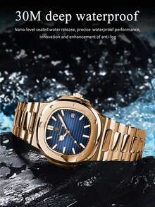 POEDAGAR 1pc Luxury Men's Stainless Steel Date Quartz Watch, Business Waterproof Luminous Hands Square Watches For Men, Man Wristwatch With Box Suitable For Gift Giving, Father's Gifts - 藍色 - 查看 3