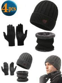 Set de 3 piezas de bufanda y guantes de invierno para adultos, gorro de lana forrado para hombres para exteriores, gorro de punto suave con puño plegable/accesorios de invierno de moda y unicolor para esquiar