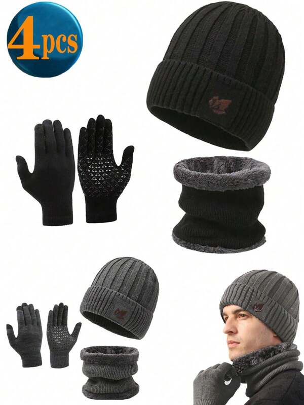3pcs/Set Winter Warm Scarf And Gloves Set For Adults, Men Outdoor Wool Lined Beanie Hat, Soft Knitted Fold Cuff Hat/Warm Fashion Ski Solid Color