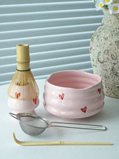 1pc/2pcs/4pcs/5pcs Pink Heart Ceramic Matcha Tea Set, Cute Matcha Utensils Combo Includes Matcha Bowl, Whisk And Stand, Bamboo Spoon, Sifter, Ideal For Matcha Lovers And Beginners, Great Gift For Mother's Day Back To School