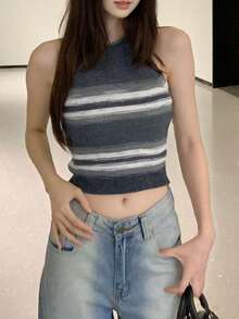 Áo len cổ yếm cắt ngắn sọc tương phản mới, vừa vặn & đa năng, họa tiết ngẫu nhiên - màu đen - Xem 4