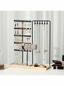 1pc Dual-Door Detachable Jewelry Display Stand, Wooden Base Holder For Earrings, Necklaces, Pendants, Tabletop Organizer, Ideal For Gift Or Business Use Valentine Day Back To School,Holiday Essentials,Jewellery,Storage,Bedroom - Log Base + Single Rod Double Door - View 1
