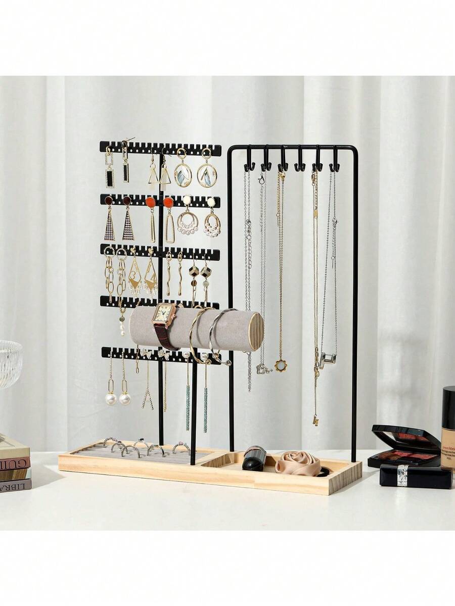 1pc Dual-Door Detachable Jewelry Display Stand, Wooden Base Holder For Earrings, Necklaces, Pendants, Tabletop Organizer, Ideal For Gift Or Business Use Valentine Day Back To School,Holiday Essentials,Jewellery,Storage,Bedroom - Log Base + Single Rod Double Door - View 1