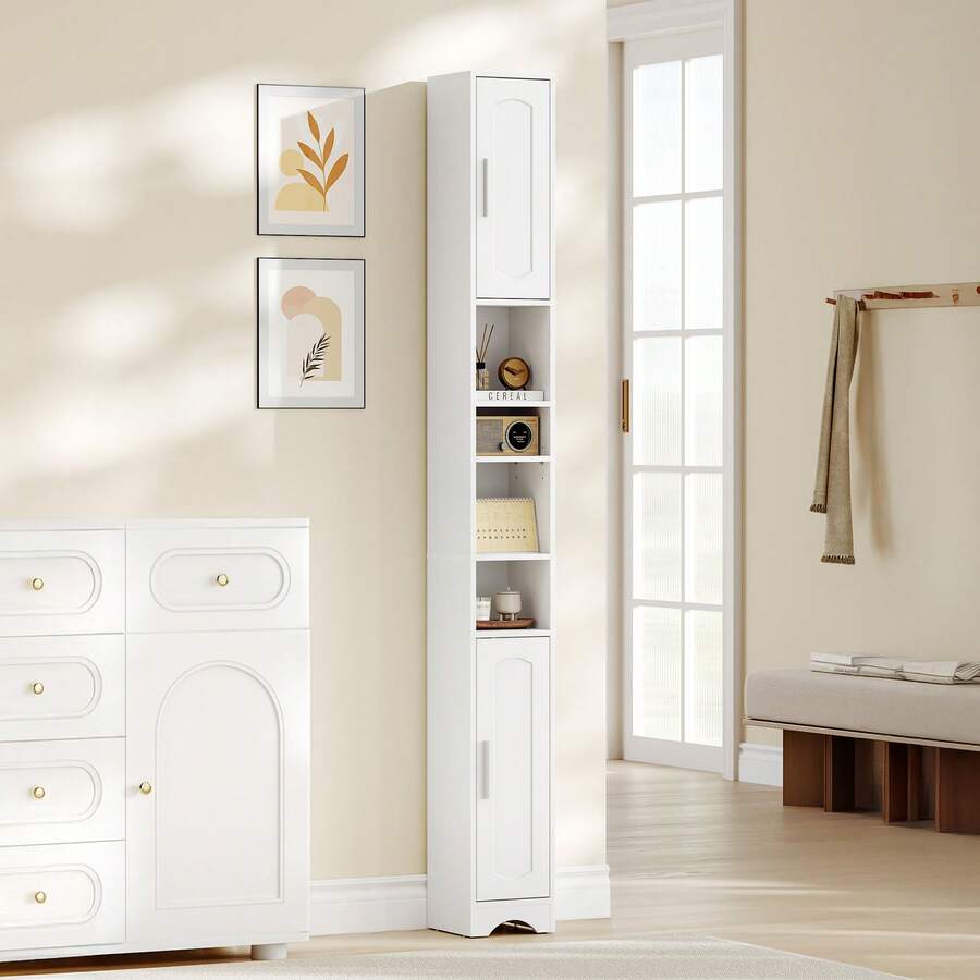 HaluPeit Meuble de Salle de Bain Étroit, Meuble de Rangement avec Compartiment Ouverts et 2 Portes, Étagères Réglables, pour Salle de Bain, Salon, Chambre, 20 * 20 * 180 cm, Blanc - Blanc - Voir 1
