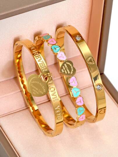 18K Gold Plated 316L Stainless Steel Heart Bracelet, Suitable For Women's Daily Wear, European And American Classic Popular Style, Inlaid With Cubic Zirconia, Generous And Luxury Wrist Jewelry, Wedding Jewelry Set, Gift For Girls, Women, Mothers, Relatives, Friends, Beautiful Wedding, Birthday, Mother's Day, Girlfriend/Valentine's Day