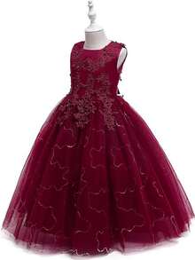 Flower Girls Tulle Lace Princess Pageant Festival Bridesmaid Carnival Floor Long Prom Dance Formal Evening Maxi Dresses - Màu Đỏ Sâu - Xem 4