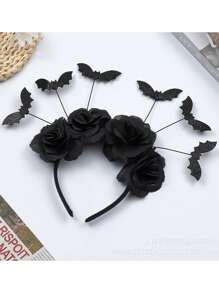 Halloween Netted Devil Headband, Black Horned Headband, Realistic Flower Netted Headband, Halloween Party Costume Headgear