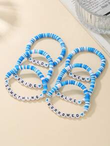 6 件优雅树脂串珠手链套装，带字母、心形、新娘元素，适合女性、新娘、日常佩戴、婚礼、订婚派对、礼物