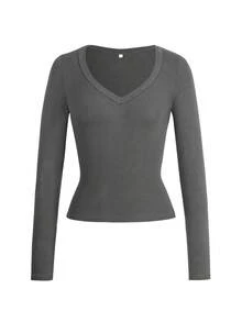 Maglietta a maniche lunghe aderente in maglia, scollo a V, colore unito, adatta per San Valentino, per donna Vaiaye - Grigio - Visualizzare 3