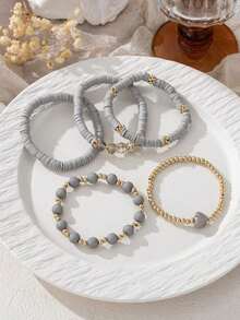 5pcs/Set Elegant Gray Soft Ceramic Heart Bead Multi-Layer Bracelet Set, Artificial Crystal Elastic Bracelet, Suitable For Ladies Daily Wear, Dating, Party, Mother's Day, Friendship Bracelet - 彩色 - 查看 3