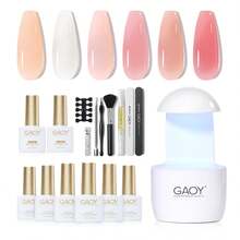 GAOY Gel Nail Polish Kit With UV Light For Beginners, 6 Colors Sheer Milky White Pink Orange, Gel Polish Kit With Top And Base Coat For Salon And Nail Art DIY At Home - Rose Garden Jelly - 查看 1