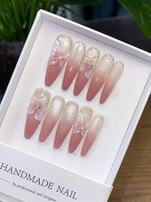 10 片纯手工可穿戴长椭圆形指甲，指甲按压指甲美甲用品夏季指甲按压指甲片手工按压指甲春季按压 Y2k 指甲短按压指甲假指甲 - 彩色 - 查看 4