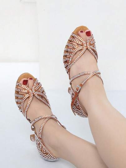 9cm Cuban Heel Latin Dance Shoes For Women, Ballroom Dance Shoes, Practice Training Stage Performance Rhinestone Party Heels