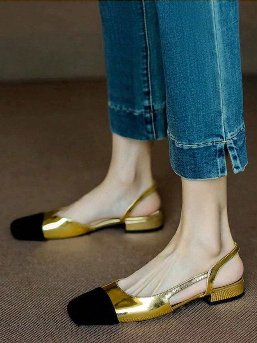 Giày sandal mũi kín cho nữ, giày đế thấp kiểu Pháp đơn giản, giày cao gót đế dày, màu sắc phong cách mùa hè mới, giày ba lê - Vàng - Xem 1