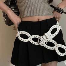 1 件乡村风格多色腰带，黑色/白色/卡其色，西部牛仔做旧椭圆形镂空扣铆钉设计，圆形镂空拼接腰带，适合连衣裙、牛仔裤、日常时尚穿着