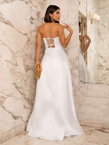 LONG WEDDING PARTY DRESS FOR GODMOTHER, STRAP-FIT, SATIN WITH SEQUINS - WHITE - View 2