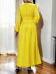 Maxi Vestido Elegante de Manga Larga y Escote en V Profundo con Abertura Lateral Alta en Pierna para Mujer - Amarillo - Ver 4