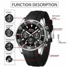 BIDEN 1pc Men's Diving Watch, Chronograph, Waterproof, Night Light, Silicone Strap, Analog, Date, Fashionable Sports Watch - Black - View 5