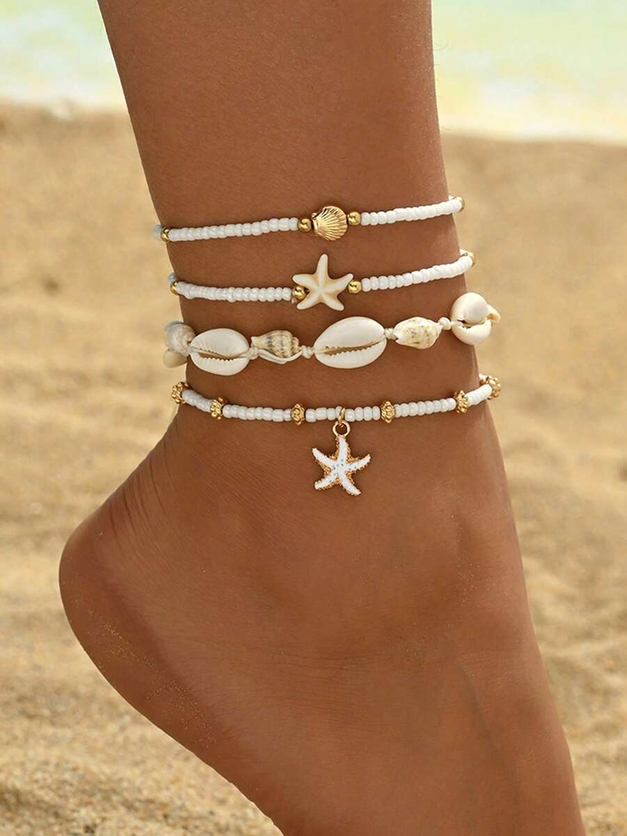 4pcs/Set Summer Ocean Style Handmade Shell & Bead Anklet, Fashion Minimalist Pearl Starfish Metal Shell Beaded Jewelry For Women, Suitable For Daily Outfit, Beach Travel, Dating - Multicolor - View 1