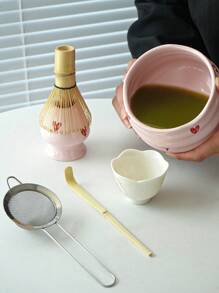 1pc/2pcs/4pcs/5pcs Pink Heart Ceramic Matcha Tea Set, Cute Matcha Utensils Combo Includes Matcha Bowl, Whisk And Stand, Bamboo Spoon, Sifter, Ideal For Matcha Lovers And Beginners, Great Gift For Mother's Day Back To School