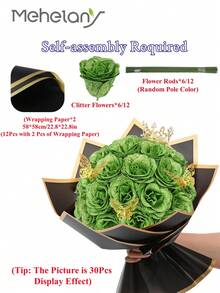 MEHELANY 20支/套 2.76英寸人造闪光玫瑰花束，绿色人造玫瑰，永不凋谢的闪光人造DIY玫瑰花束，适合周年纪念、订婚、结婚礼物、家居、房间、办公室、厨房装饰、派对装饰、情人节、母亲节装饰、送给女友、妈妈、女士的生日礼物（含包装纸） - 綠色 - 查看 4