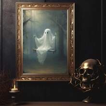 1 件秋千帆布海报 - 可怕的万圣节墙壁艺术与可爱的幽灵，带框卡通风格装饰，适合客厅、卧室或家庭办公室，室内使用，非常适合儿童房或浴室，万圣节装饰