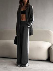 2 件套女士休闲商务宽松西装套装撞色西装外套和松紧腰直筒裤套装，夏季/春季，优雅风格，适合办公室女士，时尚非正式通勤 - 灰色撞擊白色 - 查看 2