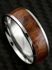 8mm Fashion Silvery Stainless Steel Rings For Men Jewelry Accessories Vintage Koa Wood Pattern Men Rings Anniversary Party Gift - Silver - View 3