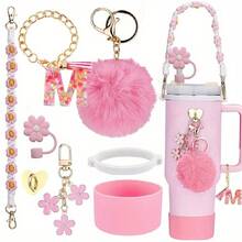 8 件适用于斯坦利杯装饰配件，8-9 毫米吸管盖，硅胶靴 30 40 盎司兼容斯坦利杯，女孩圣诞礼物，DIY 礼物创意装饰，感恩节装饰，朋友礼物装饰，圣诞派对装饰，适用于斯坦利配件，圣诞杯 - 粉紅色26字母 - 查看 27