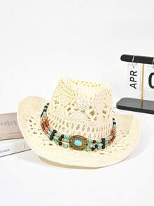 1pc Women's Khaki Wavy Striped Bow Beach Sun Hat, Elegant For Seaside Travel Holiday - MZ3001 - View 11