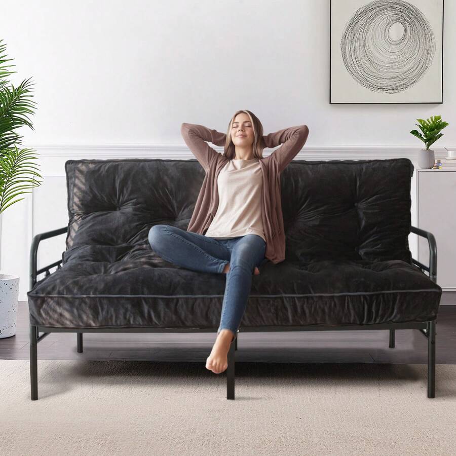 MAXYOYO 6" Futon Mattress,Velvet Thick Futons Sofa Couch Bed,Floor Mattress For Adults,Shredded Foam Filling, Full(Frame Not Included) - 黑色 - 查看 1
