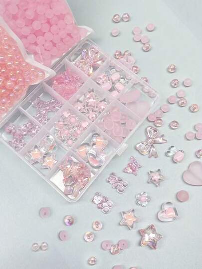 1 Box High-Quality Transparent Pink Acrylic Bead DIY Kit, Includes Various Beaded Charms Of Butterflies, Hearts, Pentagram, Flowers, Rabbits And Bears, Ideal Gift For Girls To Make Bracelets, Necklaces And Earrings