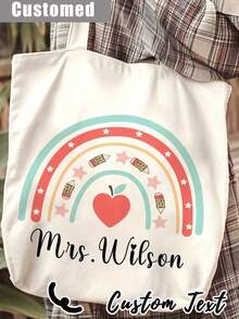 1Pc Custom Teacher Appreciation Tote Bag - Personalized Canvas Beach & Shopping Bag With Monogrammed Name, Personalised Teacher Bag - Custom Rainbow Tote With Floral Design, Large Capacity, Buckle Closure - Ideal Thank You Gift For TA, School Leaver, Or Teaching Assistant, School Bag|Floral Tote Bag - Multicolor - View 10