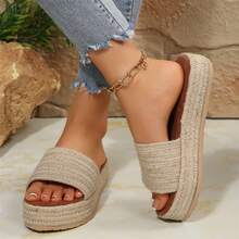 Women Sandals Summer Slide Platform Open Toe Jute Sole Beach Casual Wear - 杏色 - 查看 6