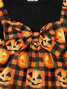 New Baby Girl Long Sleeved Round Neck Butterfly Bow Halloween Print Dress Paired With Full Print Minimalist Long Pants Headband Three Piece Set - 黑色 - 查看 4