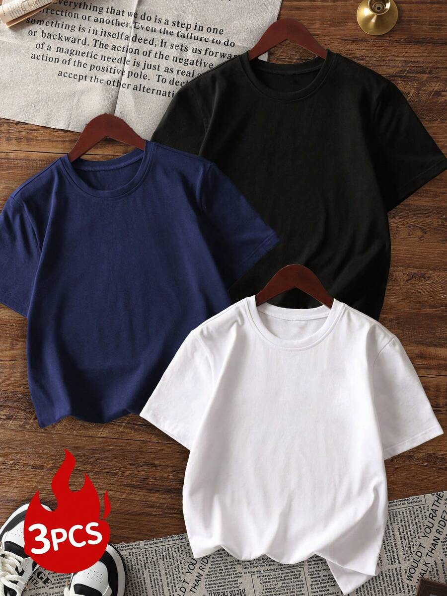 Set de 3 camisetas de mujer de manga corta y cuello redondo, de unicolor de moda, apropiadas para uso diario. Camiseta blanca, camiseta negra, camiseta rosa