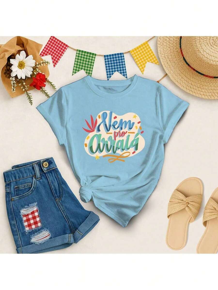 Women's T-Shirt In Modern Country Style | Colorful June Print - Baby Blue - View 1