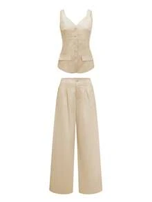 2025 Autumn Women's Understated Luxury Outfit: Inspired By Soft Pink - Sleeveless Cardigan Shirt And Wide-Leg Pants, Breathable Business Casual Linen Blend Fabric, Suitable For Holidays, Brunch, Office Style, Cruise Vacations, And An Ideal Choice For Teachers - Apricot - View 3