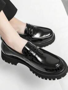 男士正装皮革正装鞋，青少年时尚厚底增高运动鞋，英伦风格乐福鞋，婚礼商务休闲日常男士正装/商务正装鞋 - 亮黑色 - 查看 6