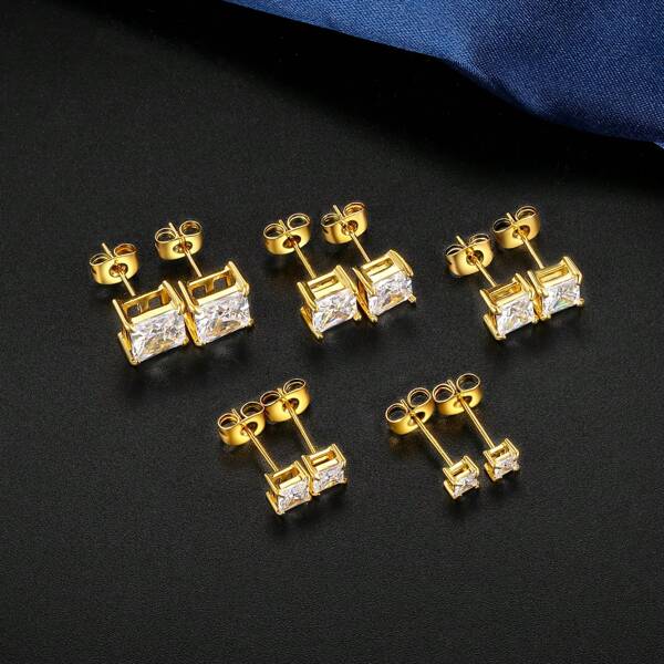 MDFUN 5 Pairs 316L Stainless Steel Earrings Set 3-7MM Hypoallergenic Princess Cut Cubic Zirconia Square Stud Earring Jewelry For Women And Men
